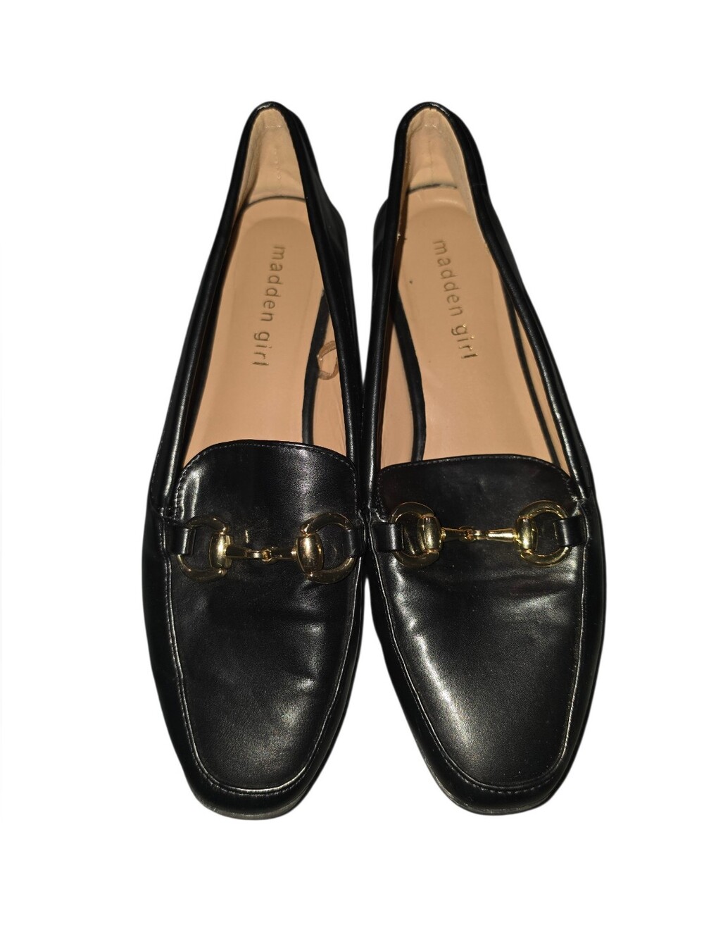 9/2/26. Womens Madden Girl Black Leather Loafers with Gold Horsebit